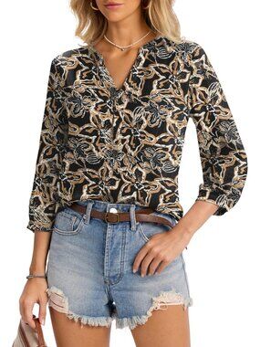 👑 Women's Black Brown Floral 3/4 Sleeve V Neck Pleated Button Front Blouses Top